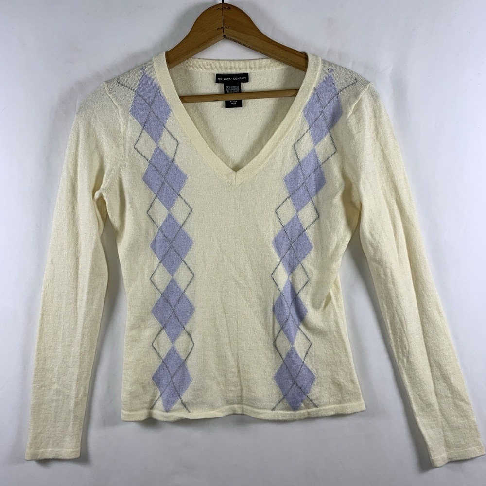 Y2K Preppy Womens Argyle Sweater XS Butter Yellow Academia Old Money Ivy League
